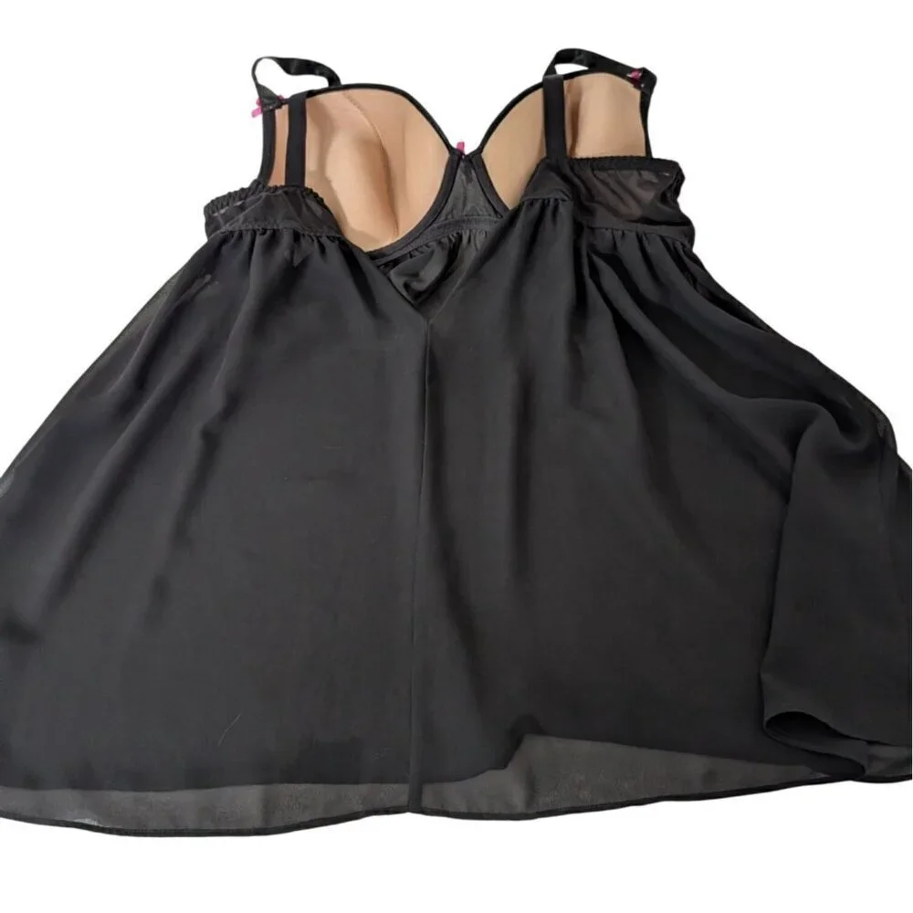 Cacique Lace Floral Babydoll Lingerie Womens Size 40DD Black Underwire Nightgown